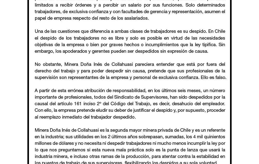 Sindicato de Supervisores informa incumplimientos legales por parte de Minera Doña Inés de Collahuasi