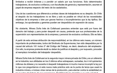 Sindicato de Supervisores informa incumplimientos legales por parte de Minera Doña Inés de Collahuasi